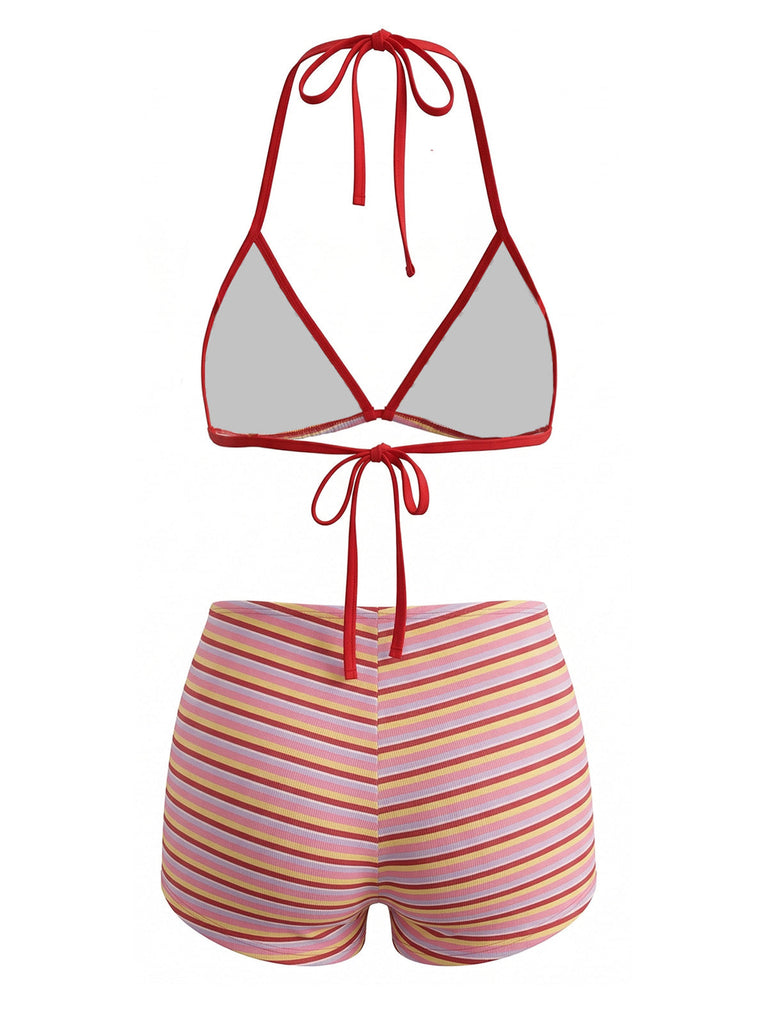 Set Bikini Triangolo Rosso a Righe Halter a Costine Anni '40 3