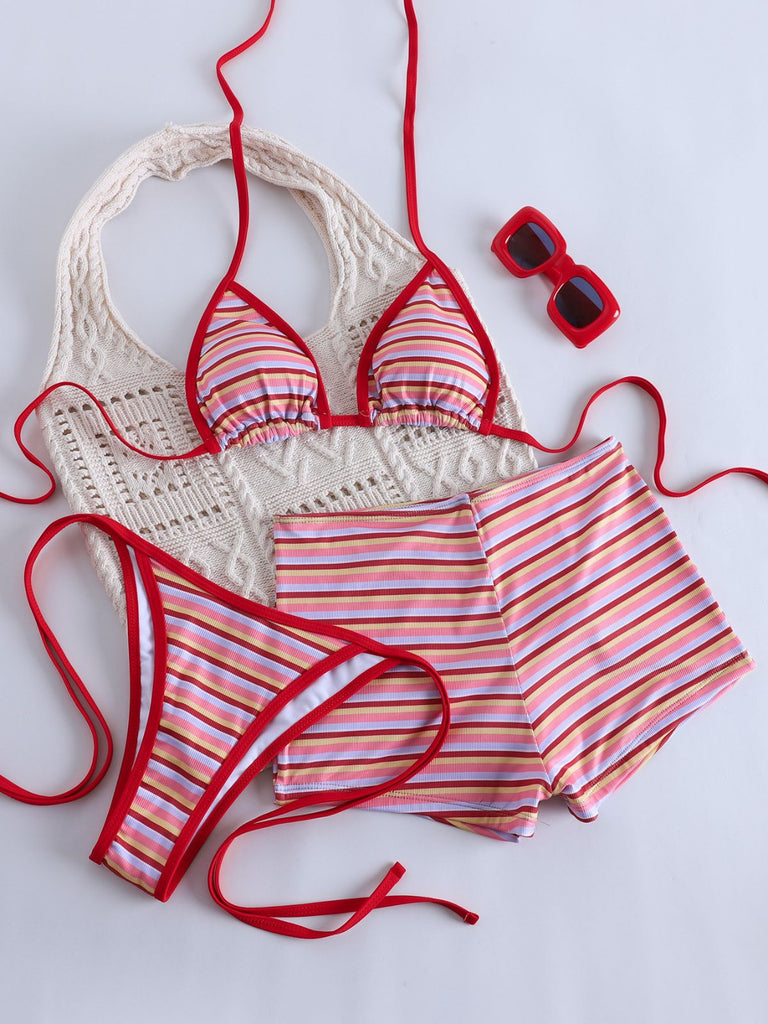 Set Bikini Triangolo Rosso a Righe Halter a Costine Anni '40 4