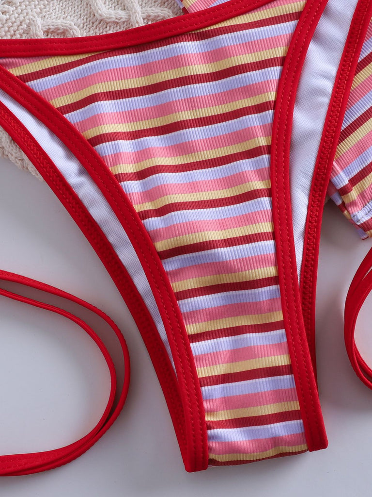 Set Bikini Triangolo Rosso a Righe Halter a Costine Anni '40 8