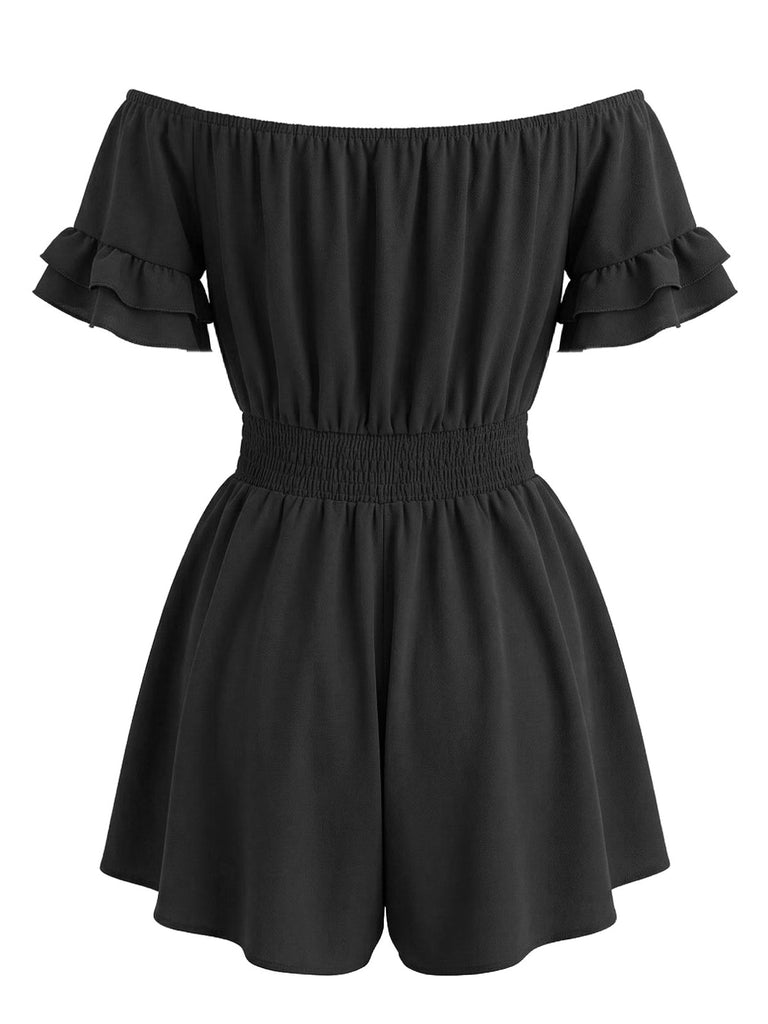 1940s Solid Off Shoulder Ruffle Sleeve Smocked Waist Romper - vintage jumpsuit, retro fashion