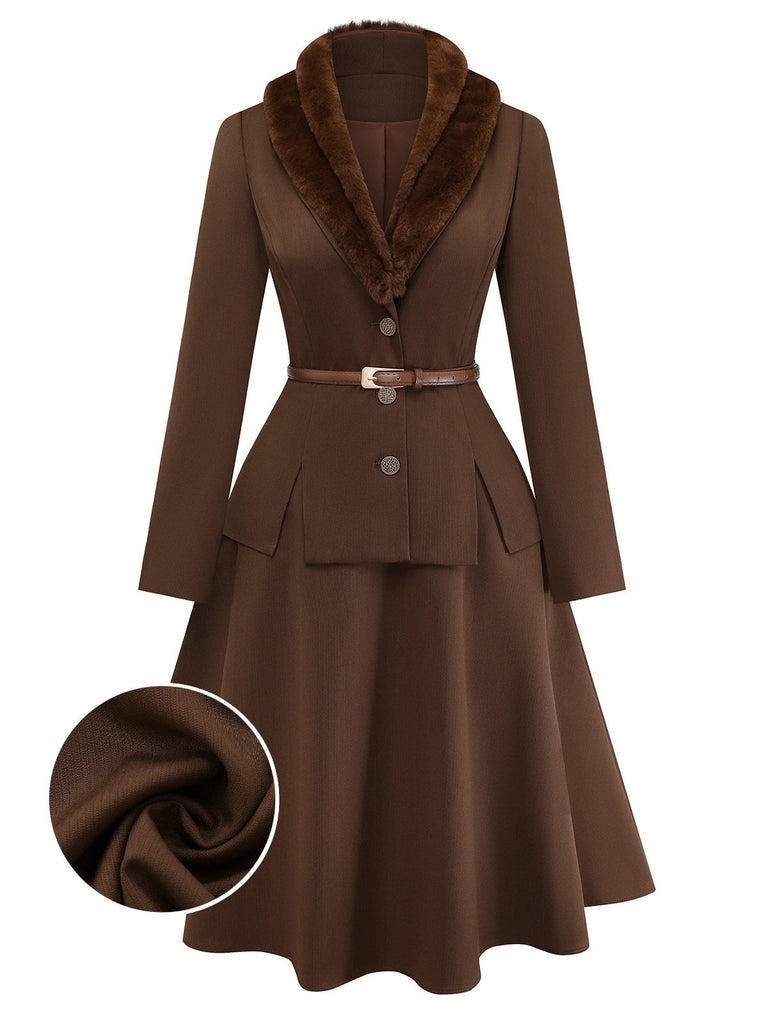 2PCS Brown 1940s Double Faux Fur Collar Jacket & A-Line Skirt - vintage skirt, retro style