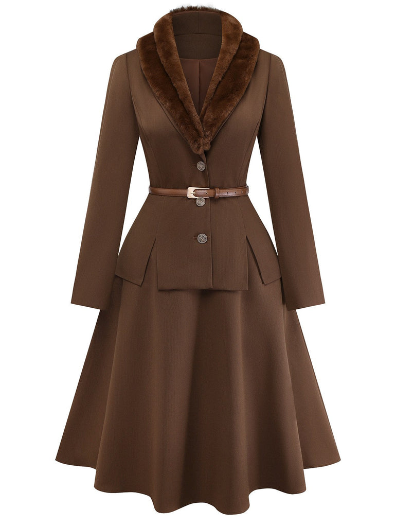 2PCS Brown 1940s Double Faux Fur Collar Jacket & A-Line Skirt - vintage skirt, retro style