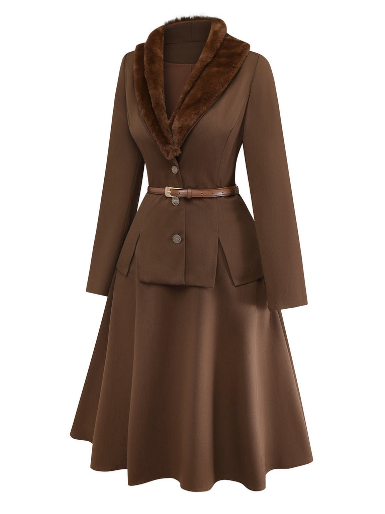 2PCS Brown 1940s Double Faux Fur Collar Jacket & A-Line Skirt - vintage skirt, retro style