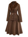 2PCS Brown 1940s Double Faux Fur Collar Jacket & A-Line Skirt - vintage skirt, retro style