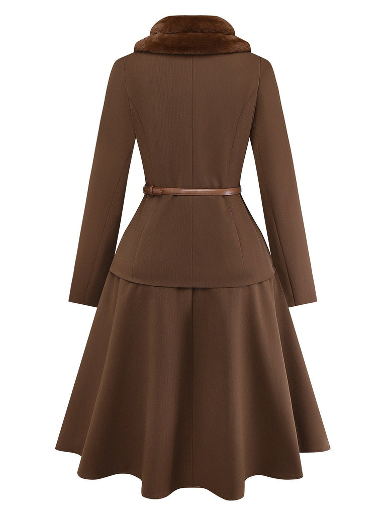 2PCS Brown 1940s Double Faux Fur Collar Jacket & A-Line Skirt - vintage skirt, retro style