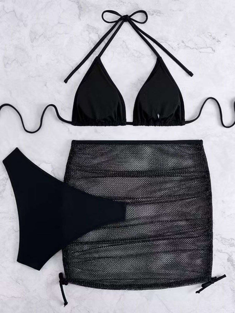 Tinta Unita con Allacciatura al Collo Set Bikini & Crochet Cover-Up Anni '40