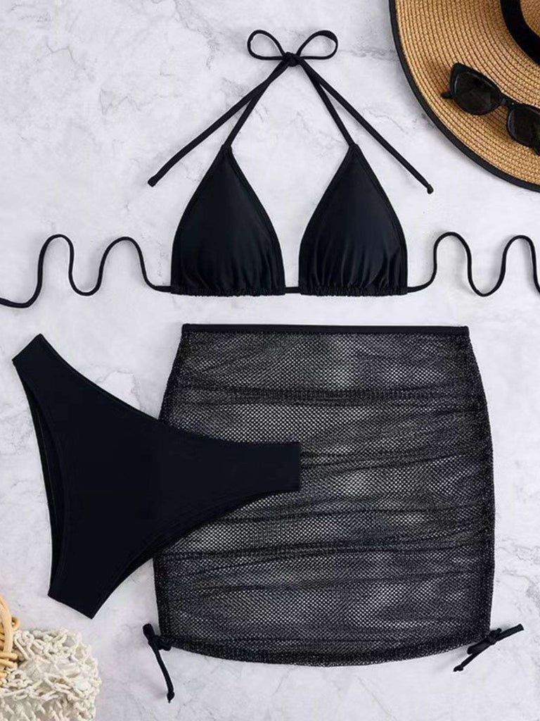 Tinta Unita con Allacciatura al Collo Set Bikini & Crochet Cover-Up Anni '40