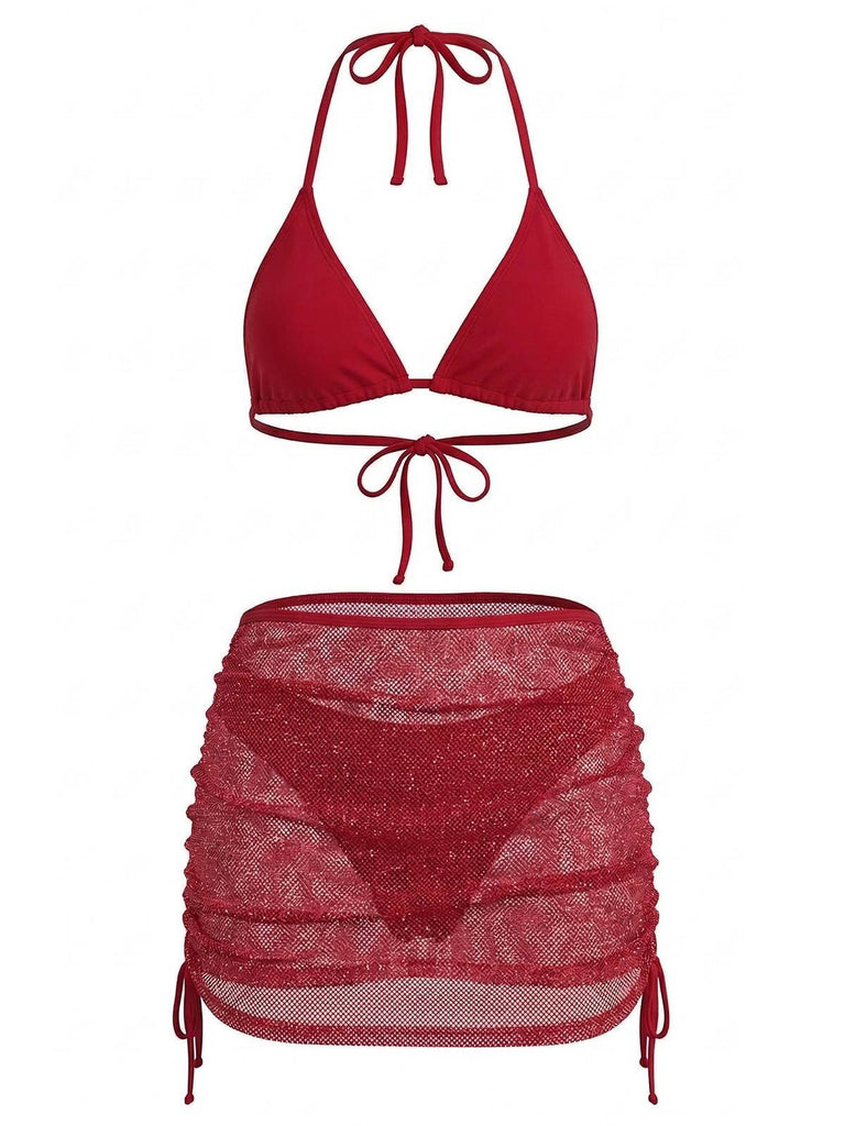 Tinta Unita con Allacciatura al Collo Set Bikini & Crochet Cover-Up Anni '40