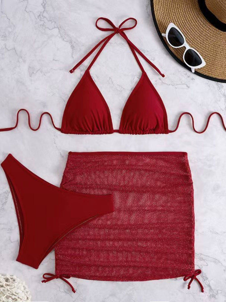 Tinta Unita con Allacciatura al Collo Set Bikini & Crochet Cover-Up Anni '40