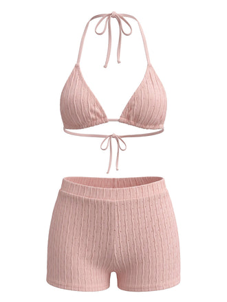 1940s Halter Triangle Textured Bikini Set 6