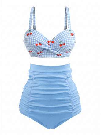 [Prevendita] Bikini a quadri spalline ciliegie azzurro cielo anni '40