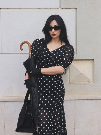 Abito a sirena a pois nero anni '30