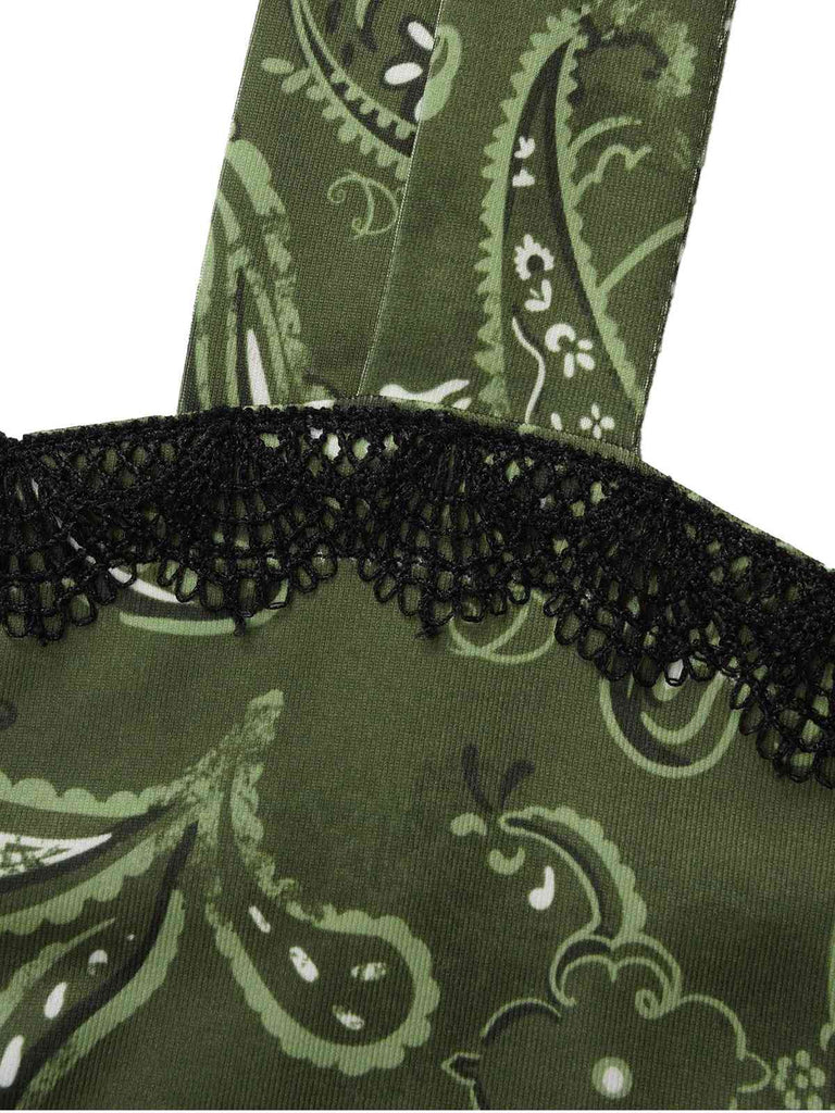 Abito a ruota in pizzo paisley patchwork verde anni '50