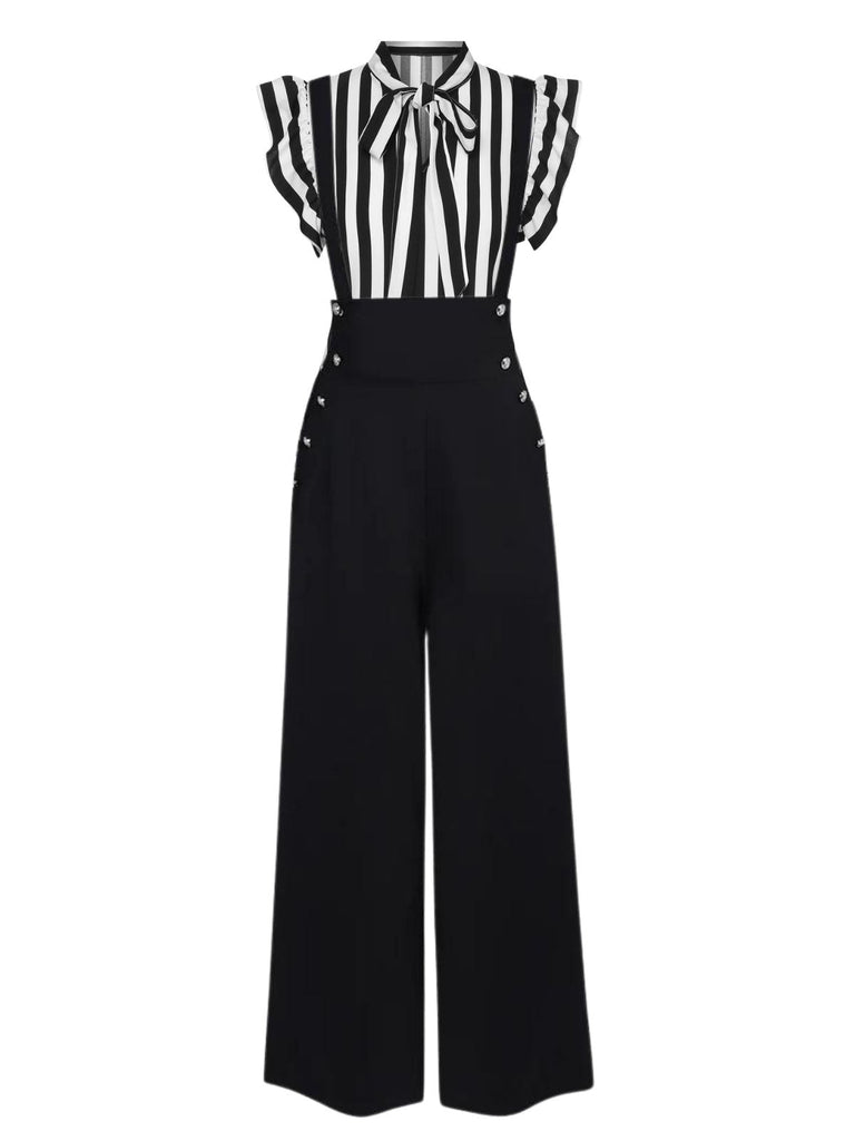2PCS Camicetta colletto a righe e pantaloni bretelle nero anni '30