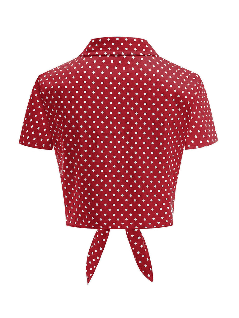 Red 1950s Polka Dot Short Sleeve Bodycon Belted Shirt Blouse - vintage fashion, retro style, elegant red