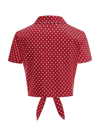 Red 1950s Polka Dot Short Sleeve Bodycon Belted Shirt Blouse - vintage fashion, retro style, elegant red