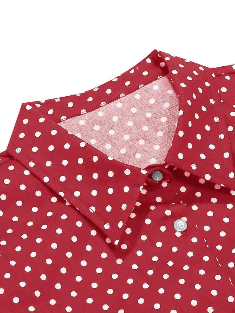 Red 1950s Polka Dot Short Sleeve Bodycon Belted Shirt Blouse - vintage fashion, retro style, elegant red