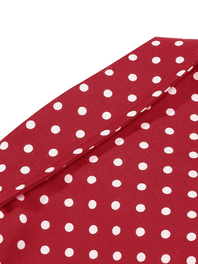 Red 1950s Polka Dot Short Sleeve Bodycon Belted Shirt Blouse - vintage fashion, retro style, elegant red