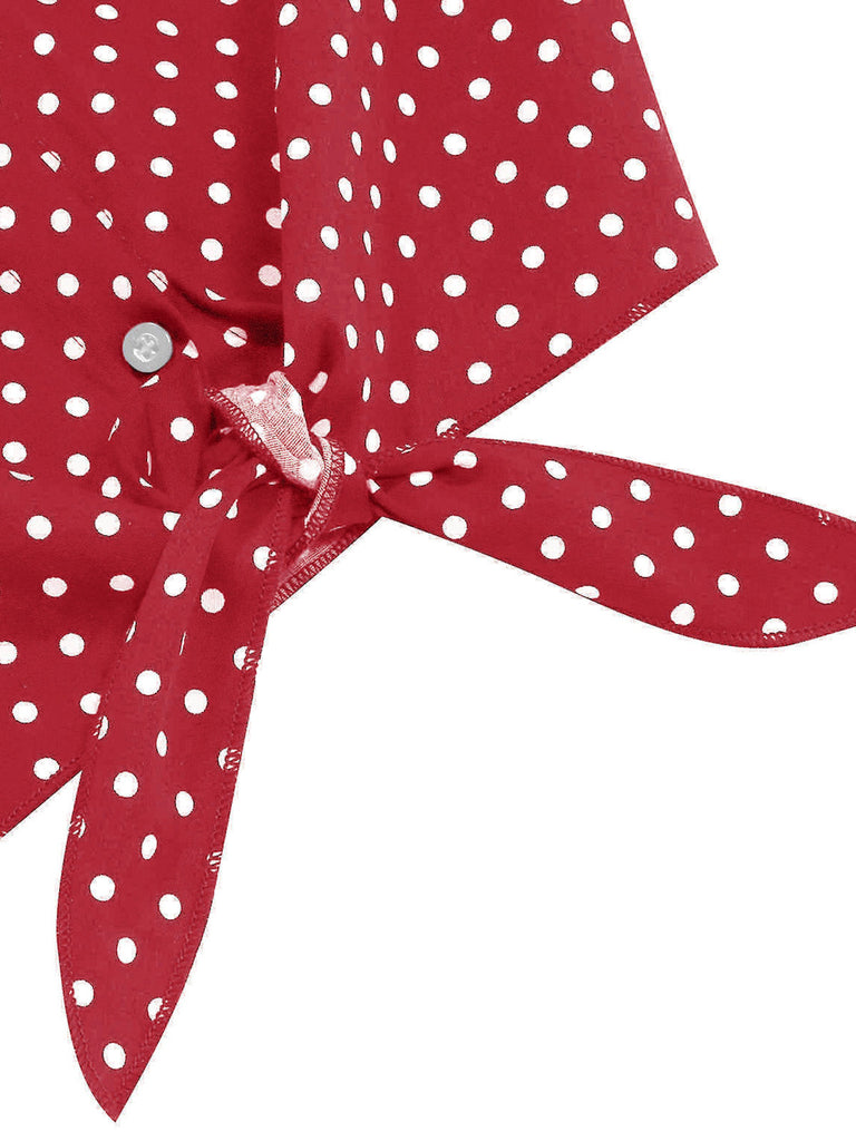 Red 1950s Polka Dot Short Sleeve Bodycon Belted Shirt Blouse - vintage fashion, retro style, elegant red