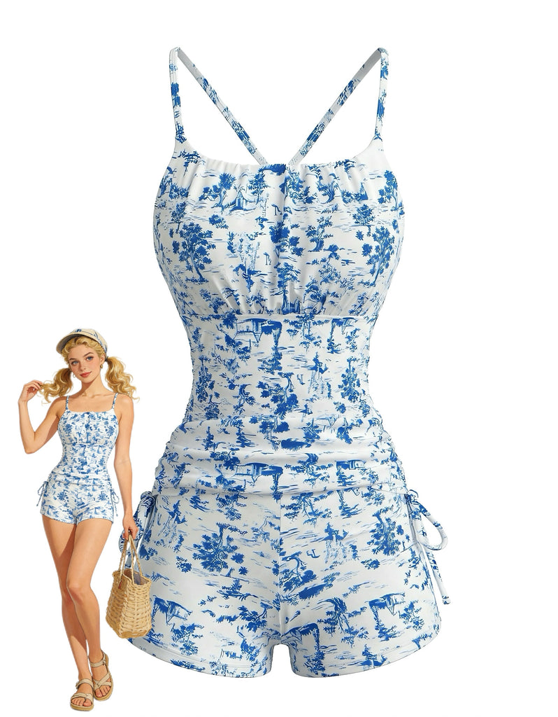 [Pre-Vendita] 2 Pezzi Tankini Floreale Plissé con Short a Vita Alta Blu Anni '50