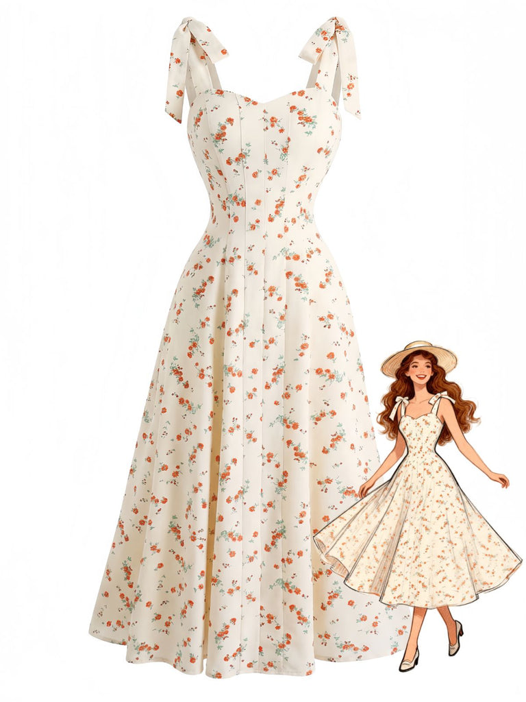 Abito Beige Floreale con Spalline da Annodare Scollo a Cuore Anni '50