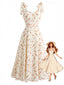 Abito Beige Anni '50 Floreale con Spalline da Annodare Scollo a Cuore