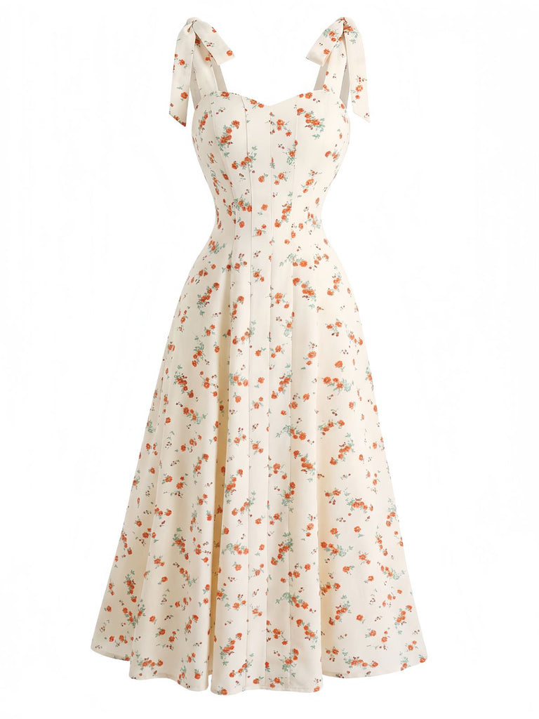 Abito Beige Floreale con Spalline da Annodare Scollo a Cuore Anni '50 2
