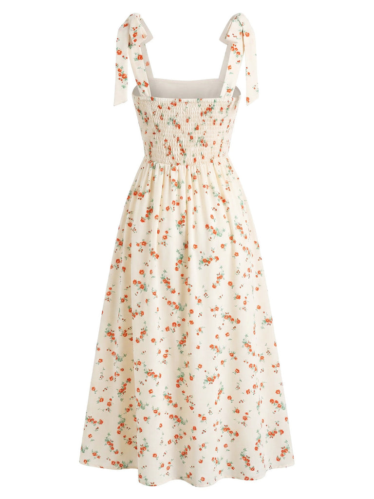 Abito Beige Floreale con Spalline da Annodare Scollo a Cuore Anni '50 3