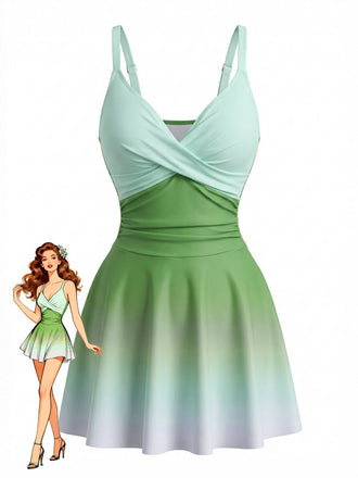Costume da Bagno con Gonna a Effetto Specchio Degradé e Torsione Frontale Anni '40
