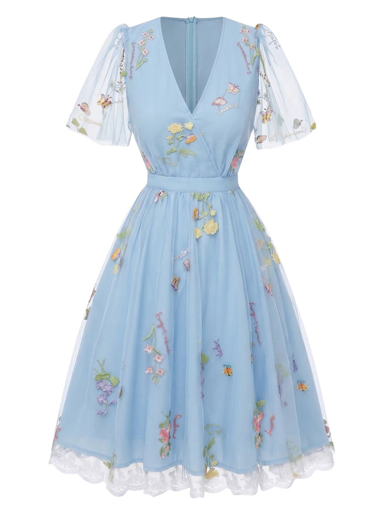 [Prevendita] Abito ricamo floreale in rete con maniche a sbuffo blu anni '50