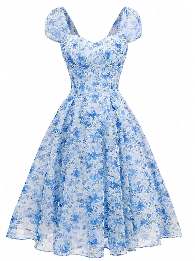 [Prevendita] Abito Blu Anni '50 Floreale con Scollo a Cuore e Fiocco