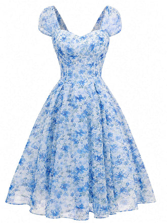 [Prevendita] Abito Blu Anni '50 Floreale con Scollo a Cuore e Fiocco