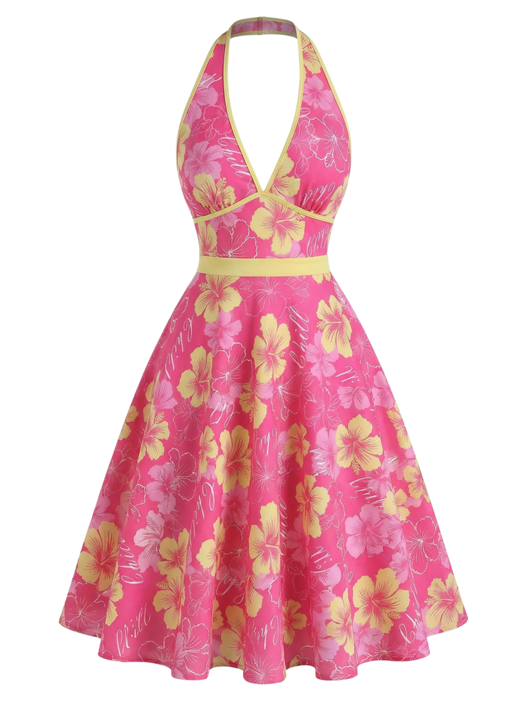 [Pre-Vendita] Floreale con Scollo V Abito Rosa Rosato Anni '50