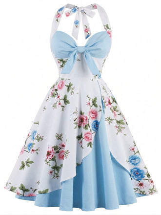 [Prevendita] Abito a ruota stampa floreale fiocco azzurro cielo anni '50