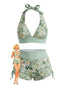 Set Bikini Verde Anni '50 con Fiori di Campo e Mutandine a Boxer