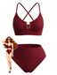 Set Tankini  Anni '50 Tinta Unita a Vita Alta con Dettaglio Metallico a U