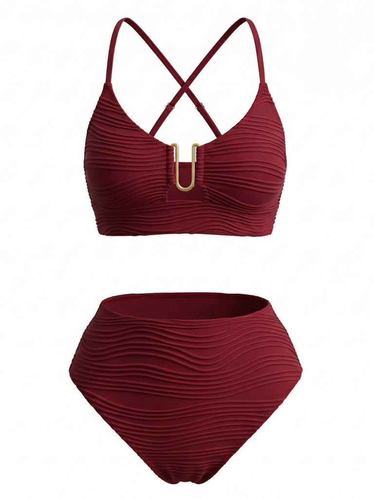 Set Tankini Tinta Unita a Vita Alta con Dettaglio Metallico a U Anni '50 2