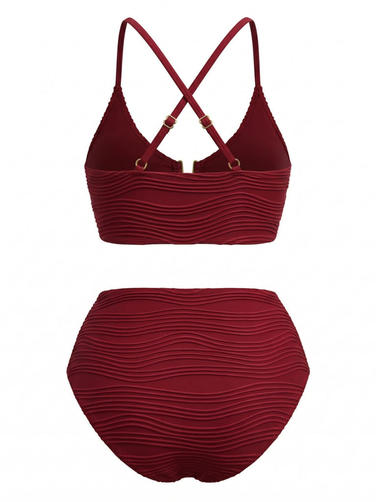 Set Tankini Tinta Unita a Vita Alta con Dettaglio Metallico a U Anni '50 3