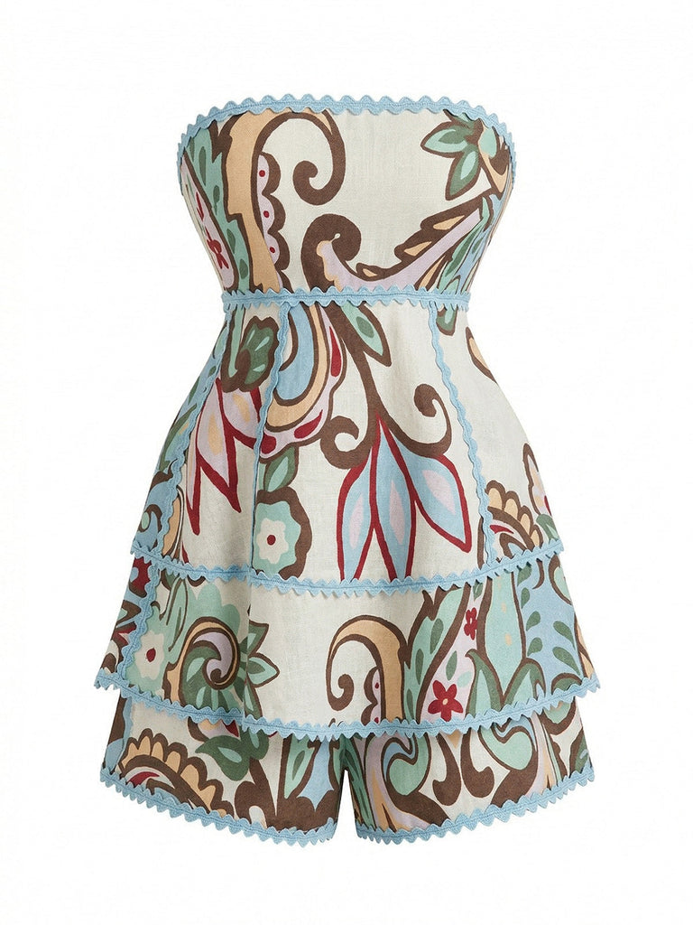 Set 2 Pezzi Top Bustier Floreale Botanico con Pantaloncini Anni '50