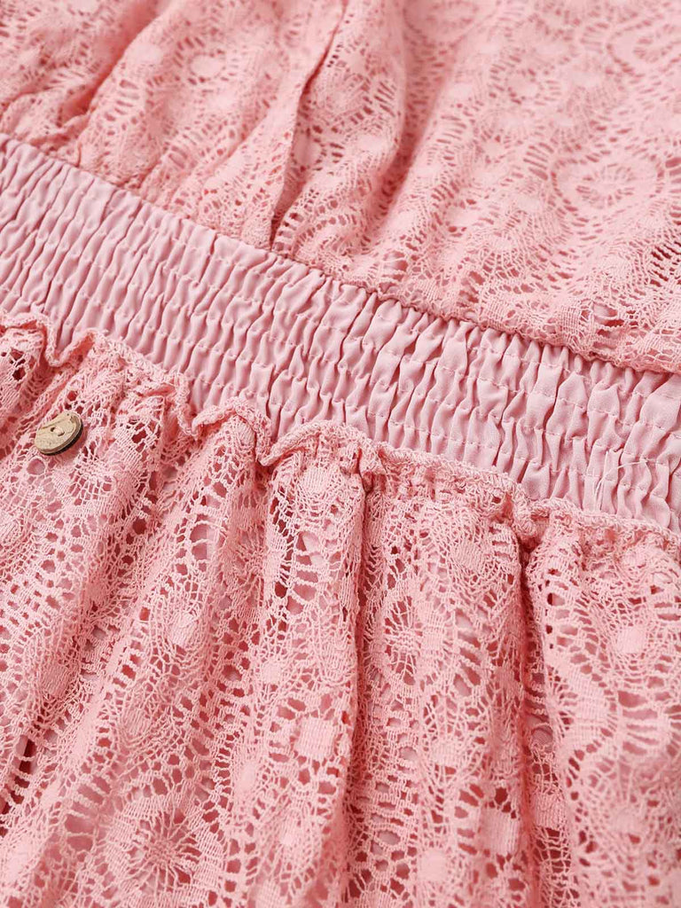 Abito Tinta Unita in Pizzo Patchwork Manica a Pipistrello Scollo a V Anni '70 7
