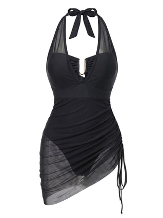 1950s Mesh Halter Tie Waist One Piece Swimsuit 6