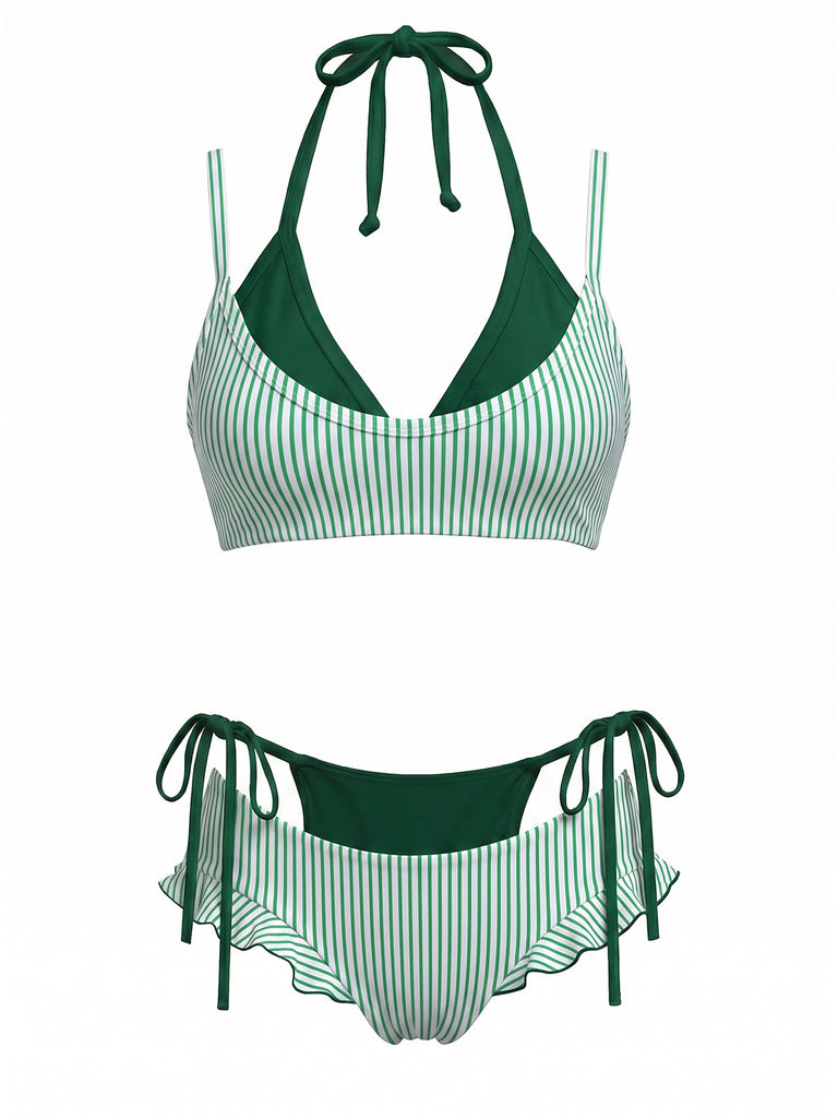 Set Bikini Giallo Anni '50 a Quadri con Fiocco e Doppio Strato