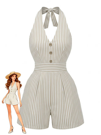 Tuta Corta Beige Halter a Righe con Vita Stretta Anni '50