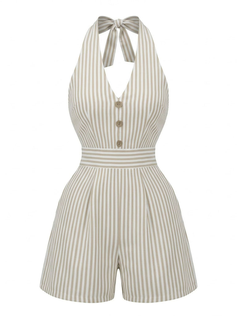 Tuta Corta Beige Halter a Righe con Vita Stretta Anni '50 7