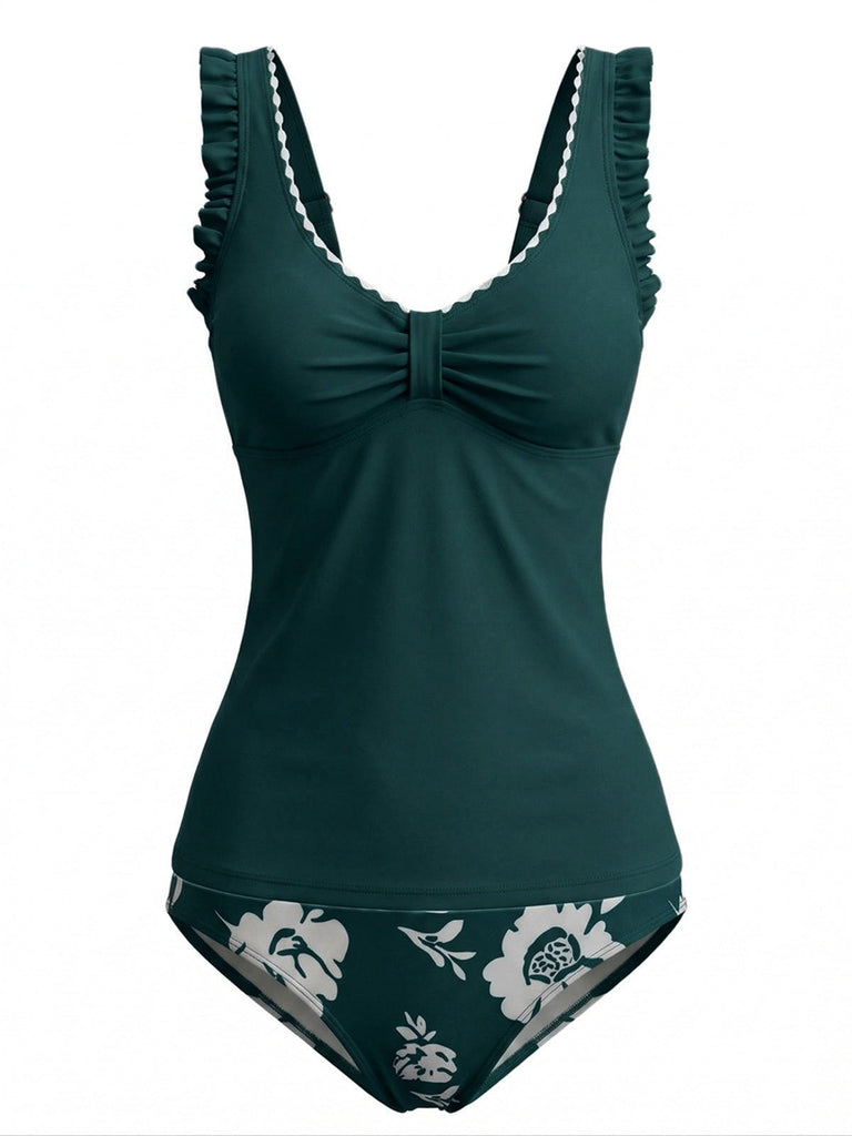 Set Tankini Floreale Arricciato con Bretelle a Volant Anni '50 4
