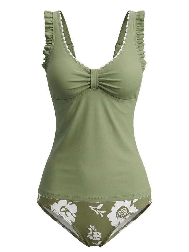Set Tankini Floreale Arricciato con Bretelle a Volant Anni '50 7