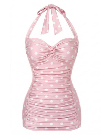 [Prevendita] Costumi intero plissettato a pois scollo all'americana rosa anni '50