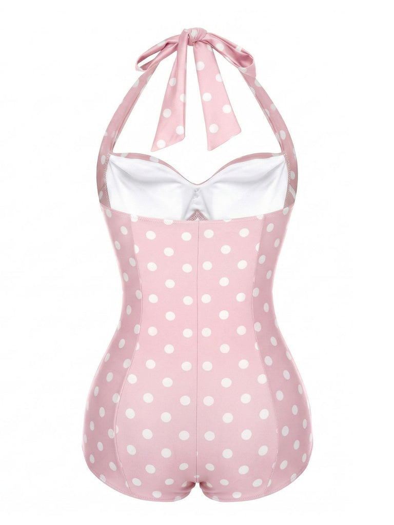 [Prevendita] Costumi intero plissettato a pois scollo all'americana rosa anni '50