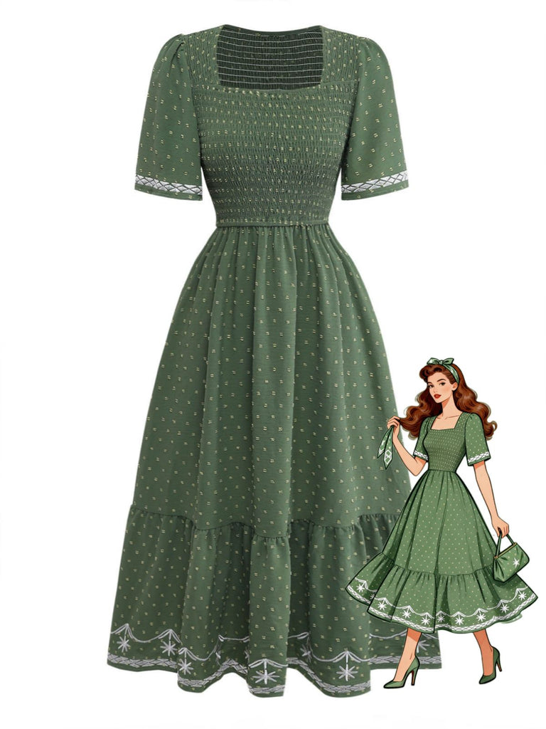 Abito con Scollo Quadrato Ricamo Jacquard Smock Anni '40
