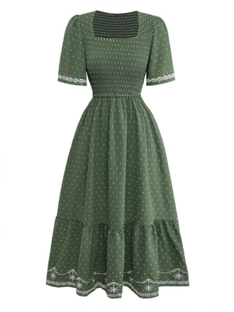 Abito con Scollo Quadrato Ricamo Jacquard Smock Anni '40 2
